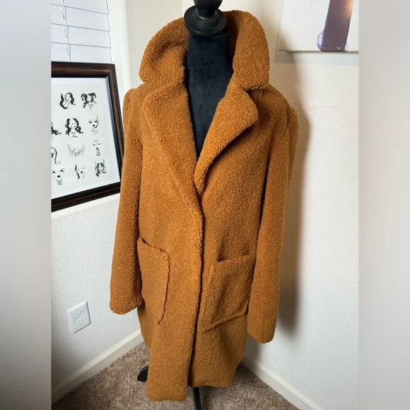 French Connection Faux‎ Fur Walker Teddy Coat in Cognac - Picture 3 of 6